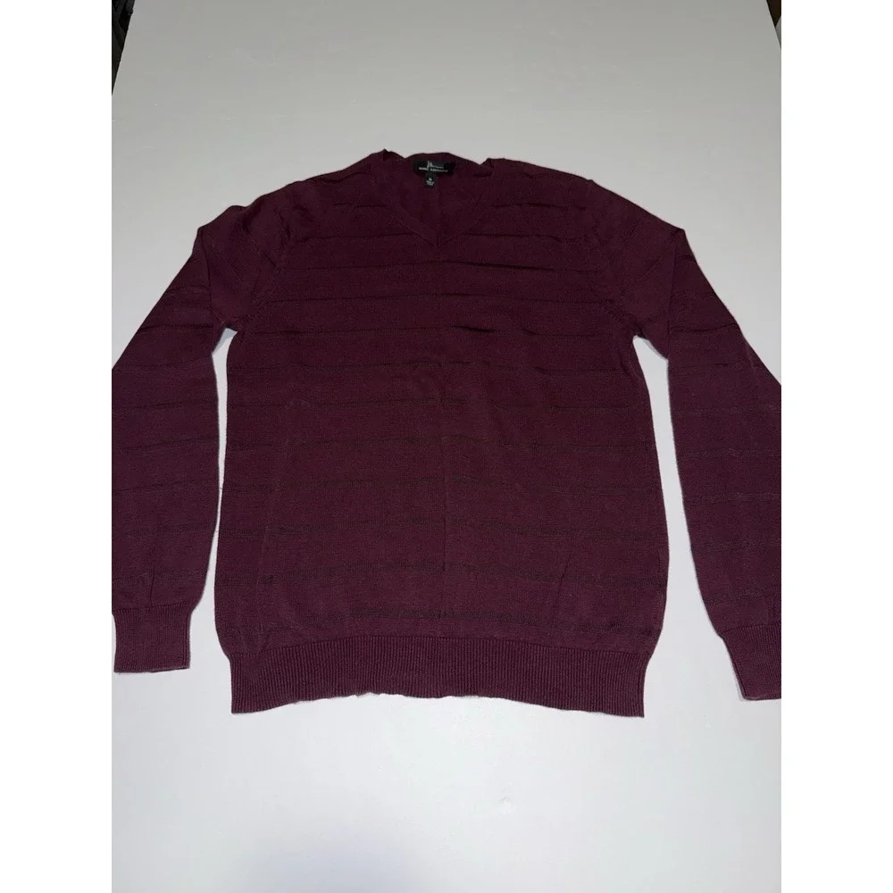 Marc Anthony Men Medium V-Neck Sweater Burgundy Striped Pullover Preppy Casual